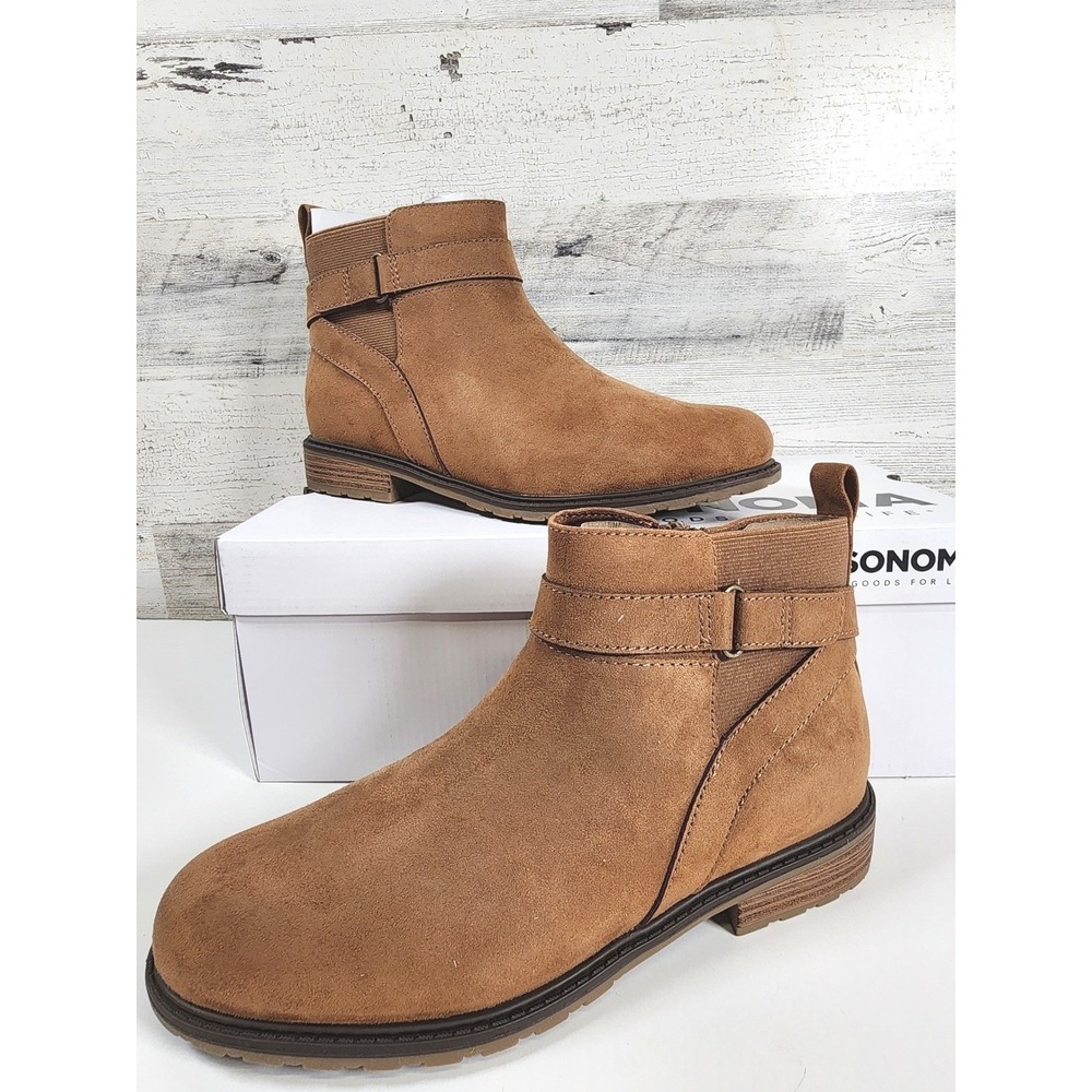 Sonoma Aarie Ankle Booties Women 8.5 Wide Cognac Memory Foam Buckle Zip NIB